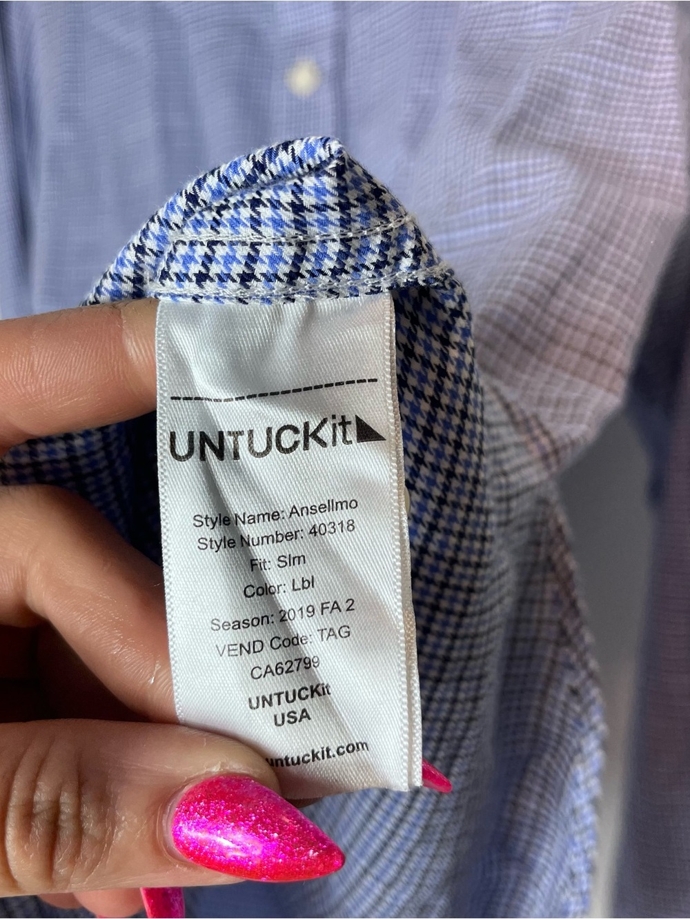 UNTUCKit Ansellmo Slim Fit Blue Check Long-Sleeve Dress Shirt Large Cotton - Picture 4 of 6